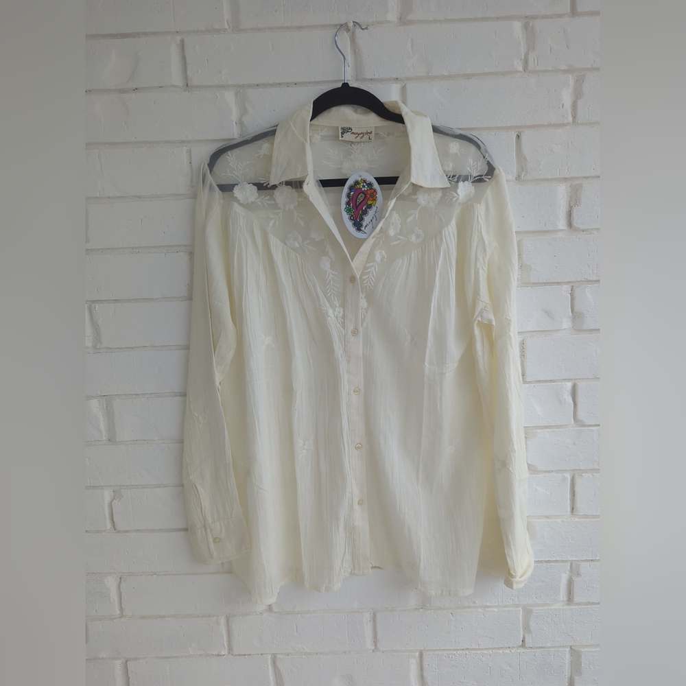 Magazine Blouse Womens Floral Button Up Embroidered Cotton Indie Sz Large New
